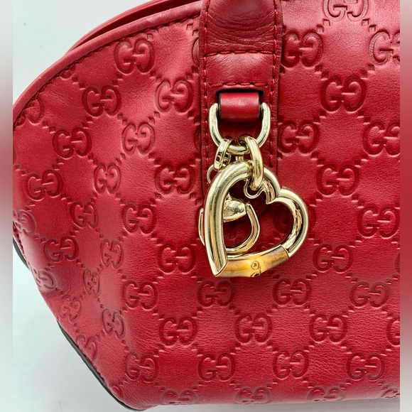 Auth Gucci Red Guccisima Leather Small Bowler Bag Gold Heart Charm Preloved - Picture 2 of 15